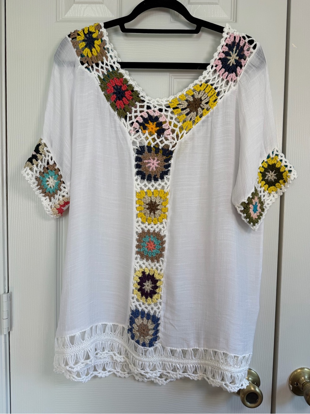 Annabelle Boho Crochet Granny Square White Tunic S Beach Gauze festival hippie